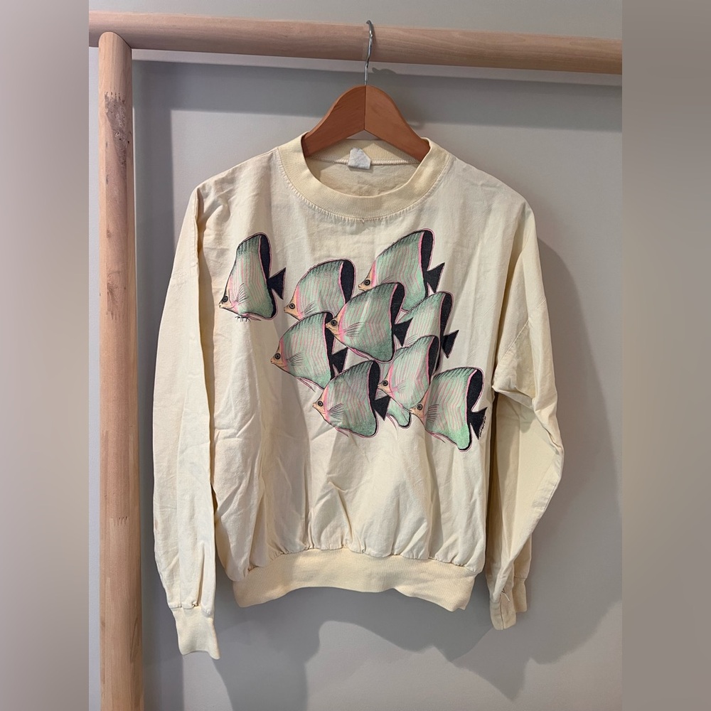 Vintage St. Croix Fish print pullover cotton top light yellow sz small